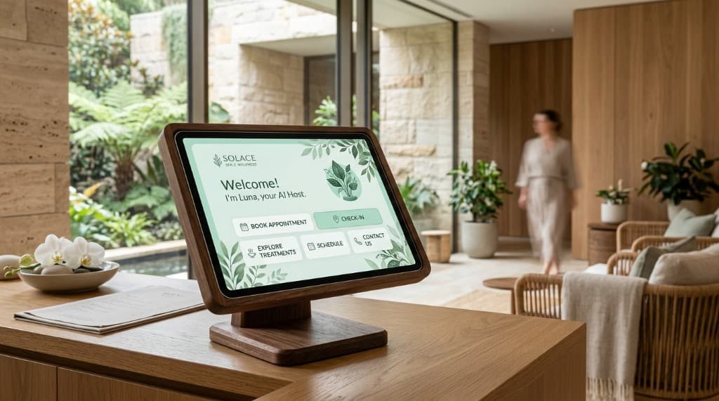 Tablet AI host offering booking and check-in at a wellness front desk