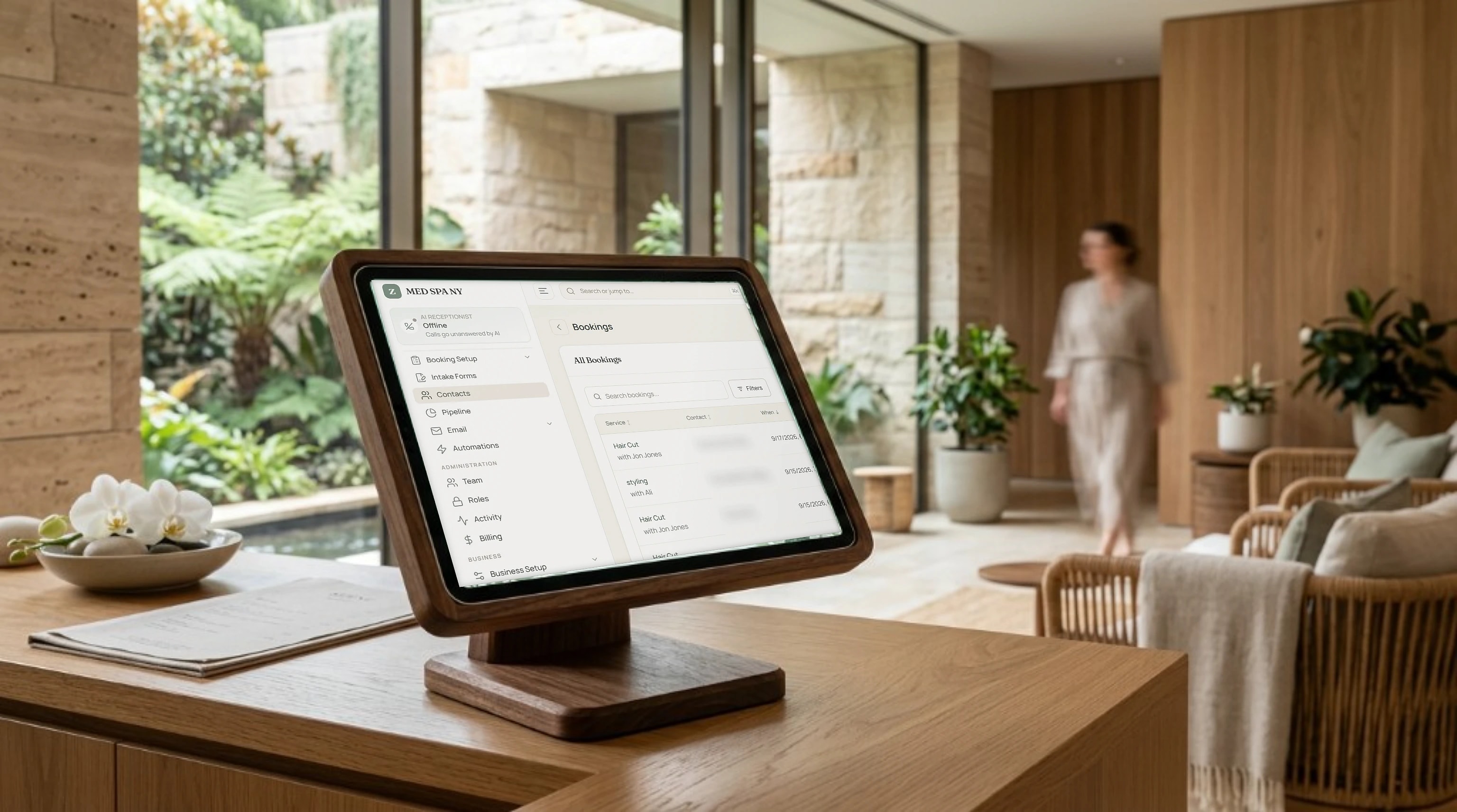 zallo.ai bookings list on a front-desk tablet