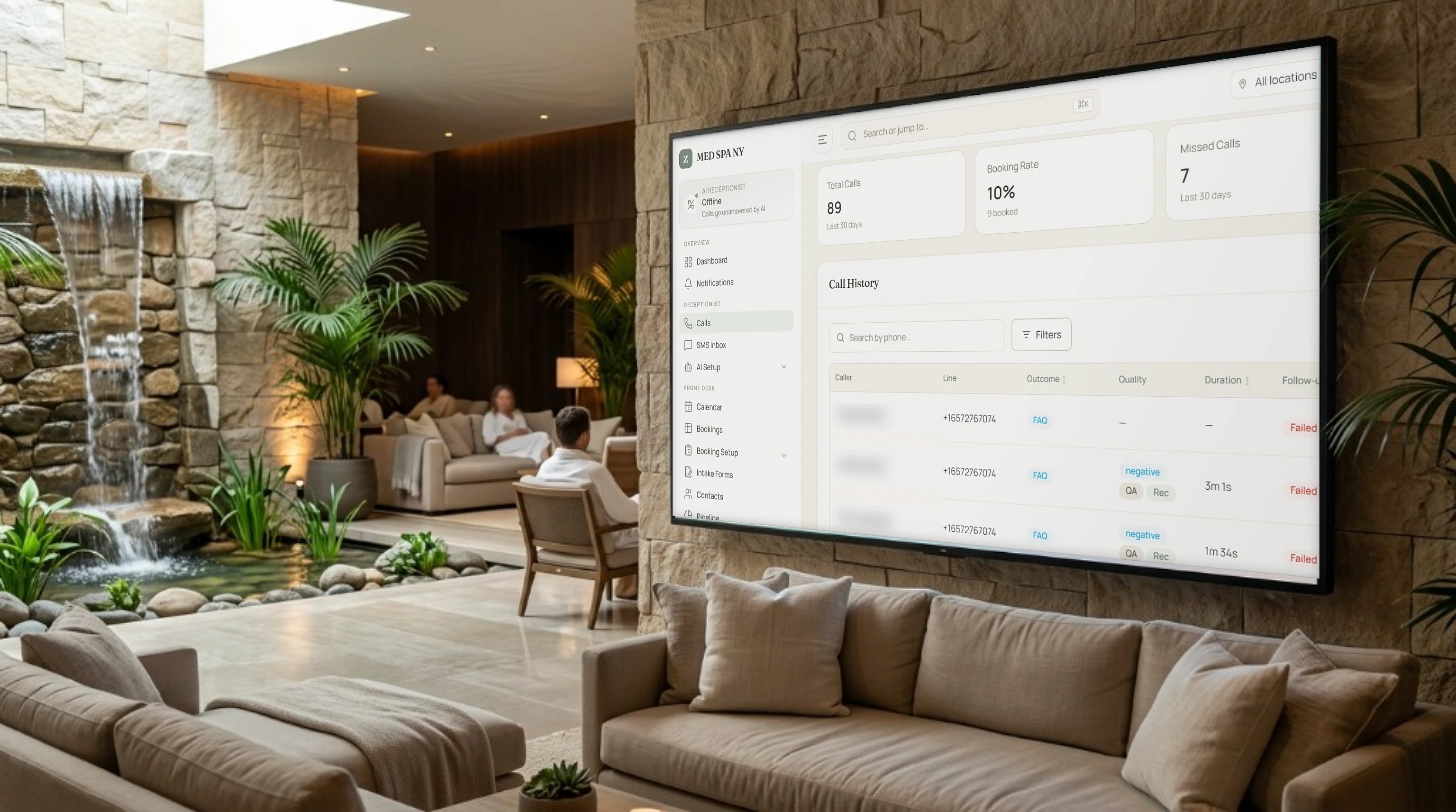 zallo.ai call history on a wall display in a spa lounge
