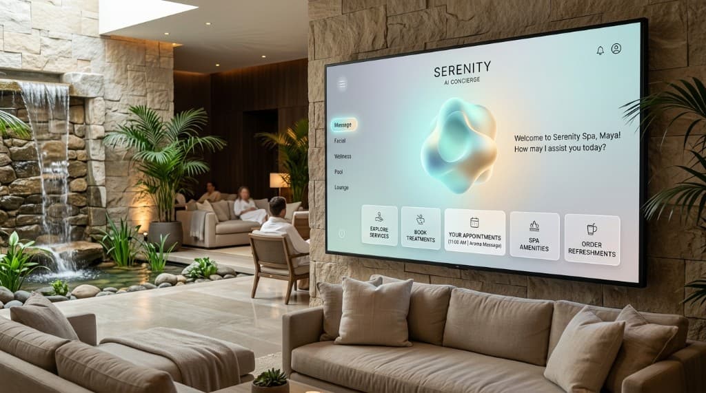 AI concierge greeting guests on a wall display in a spa lounge