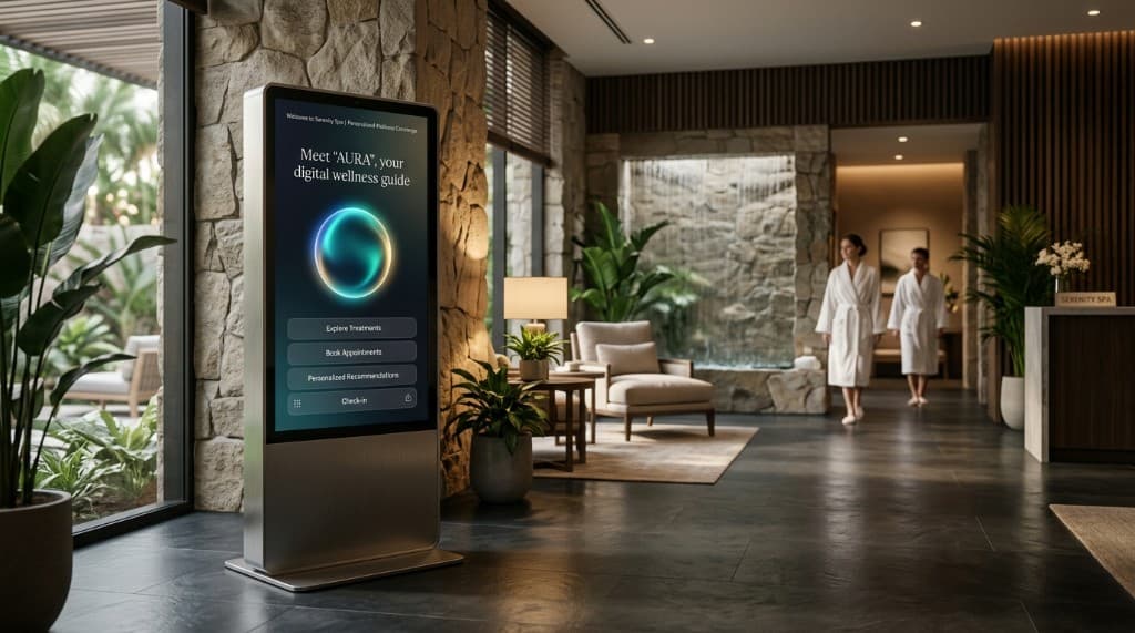 Standing AI wellness-guide kiosk in a spa entrance hall
