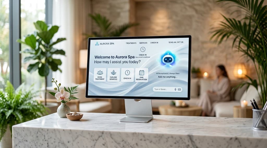 AI receptionist check-in screen on a marble reception desk
